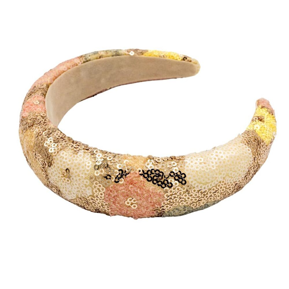 9860 Padded Headband Sequin Florals, Wide Padded Headband in Ivory Satin